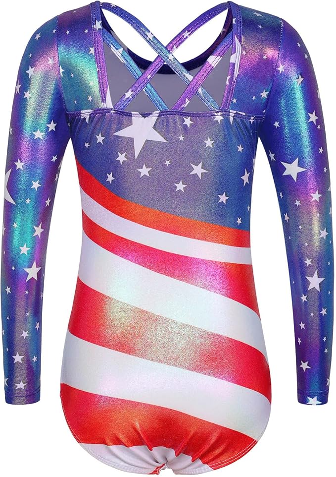 BAOHULU Gymnastics Leotards for Girls Long Sleeve Sparkly Cute Pattern Dance Outfit with Matching Shorts Set