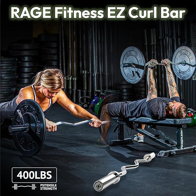 Rage Fitness EZ Curl Bar – 47 Inch, 2 inch | 17lbs Alloy Steel with Chrome Finish & Nylon Bushings EZ Bar with 400lbs Max Capacity – Home Gym Curling Bars for Weightlifting & Other Upper & Lower Body Movements