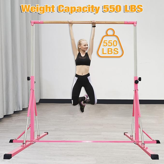 Gymnastics Bar for Kids Ages 3-15, 35" to 60" Adjustable Height, 4FT Wide Base - Professional Kip Bar with 360° Stability & Fiberglass Crossbar, Easy Fold&Solid Design for Home Training