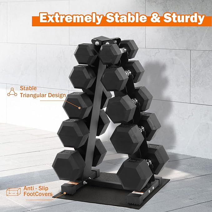 Fitvids 150 LB Rubber Coated Hex Dumbbell Set with Storage Rack, 5-25LB Hand Weight Set with Anti-Slip Grip for Home Gym