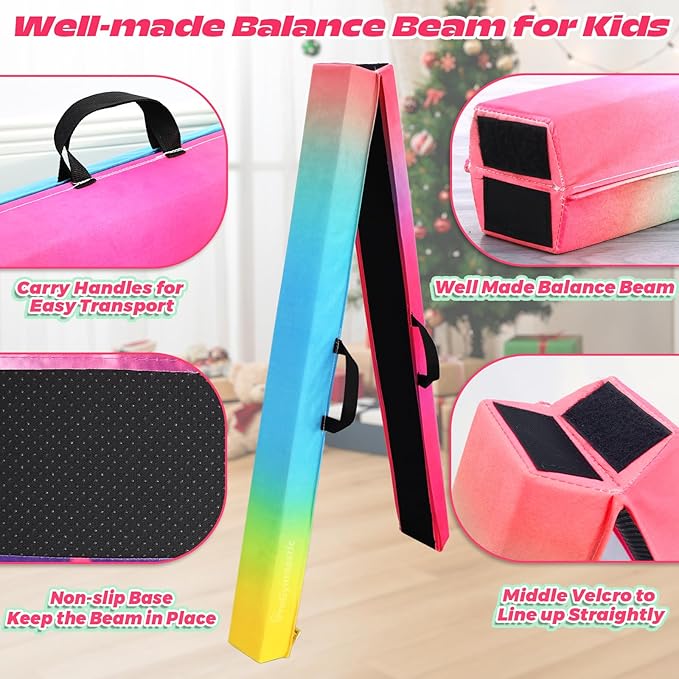 PreGymnastic 6FT/8FT/9.5FT Folding Balance Beam for Kids Ages 3-12, Foldable Gymnastics Floor Beam-Extra Firm Suede Cover with Carrying Bag for Home-Gym Equipment for Toddler Teenager