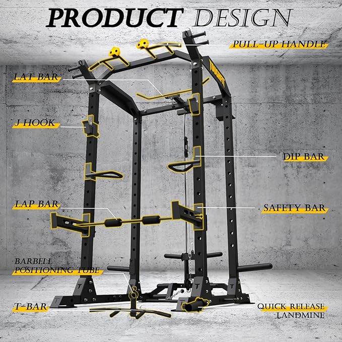 ToughFit 2024 Upgraded T2 Power Cage Muti-Function Power Rack with LAT Pulldown System Squat Rack with Weights and Bar Set for Home Gym with Unique Training Attachment