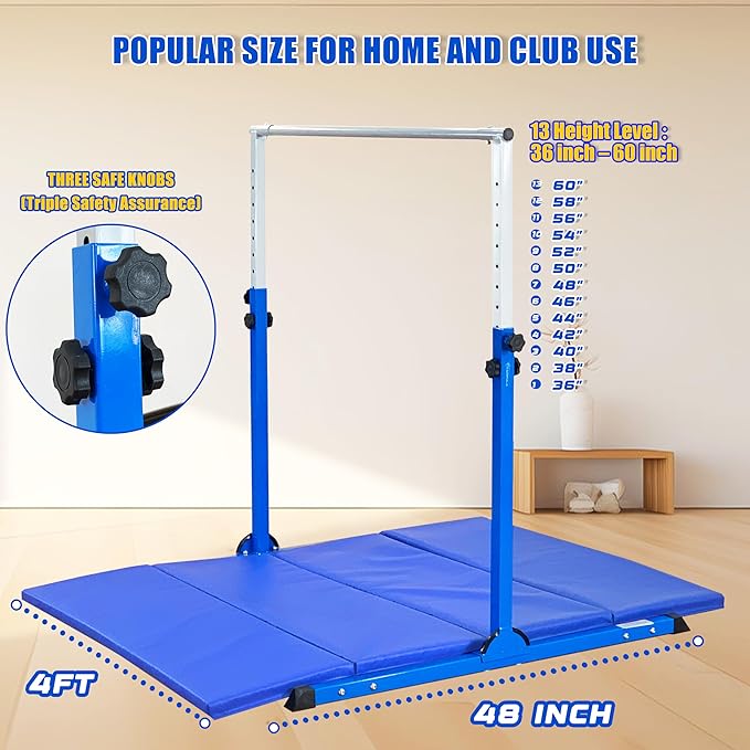 MARFULA Gymnastic Bar with 4 ft Inner Width 5 ft Adjust Height for Kids Kip Bar with 350 lbs Gymnastic Training Equipment for Kids 3-15 Years Home and Club Use