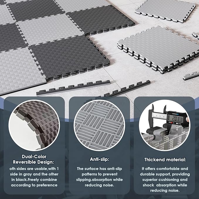 4/5" Extra Thick 43 Sq Ft High-Density Eva Foam Exercise Gym Mats, 16 Pcs Double Side Interlocking Puzzle Floor Tiles (20"x20") for Home Gym, Black&Gray