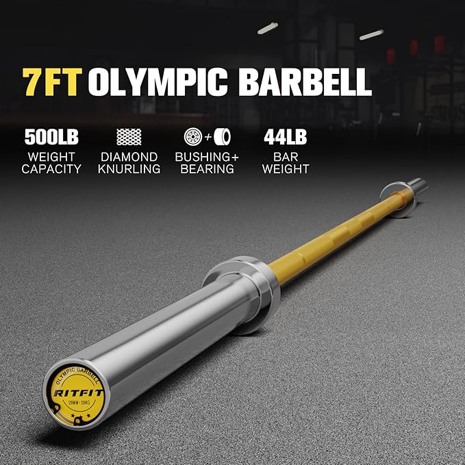 RITFIT 7FT Olympic Barbell for Strength and Weightlifting Training - 2 Inch Olympic Bar for Squat, Deadlift, Bench Press, Curl, Overhead Press - 600lbs/1000lbs/1200lbs Capacity