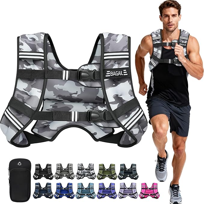 BAGAIL Weighted Vest, 5lb/8lb/10lb/12lb/15lb/20lb/25lb/30lb Weight Vest for Walking & Weight Loss, Reflective Rucking Vest with Phone Pouch for Women & Men, Home Gym & Outdoor Training