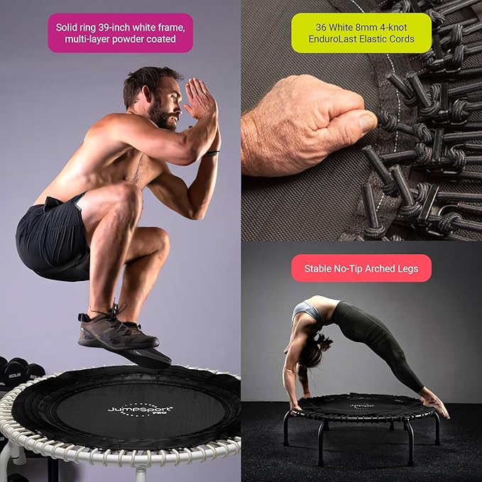 JumpSport 350 PRO Fitness Trampoline, Cardio Workout, No-Tip Arched Legs Home Gym Equipment, Adjustable Bungees & 60 Day Trial Video