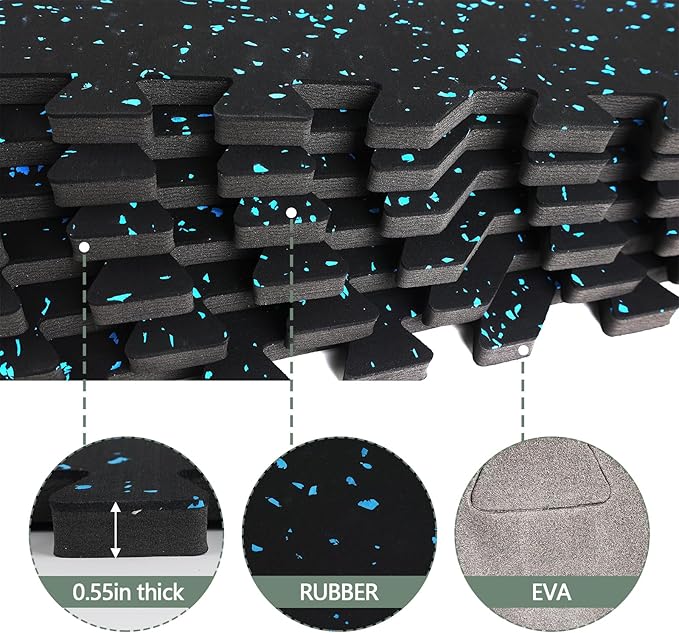 Interlocking Rubber Gym Mats 96 Sq Ft Heavy Duty Exercise Flooring for Home Gym, Weightlifting, Yoga, Playroom - Dual-Layer Non-Slip Noise Reducing Floor Protection Tiles