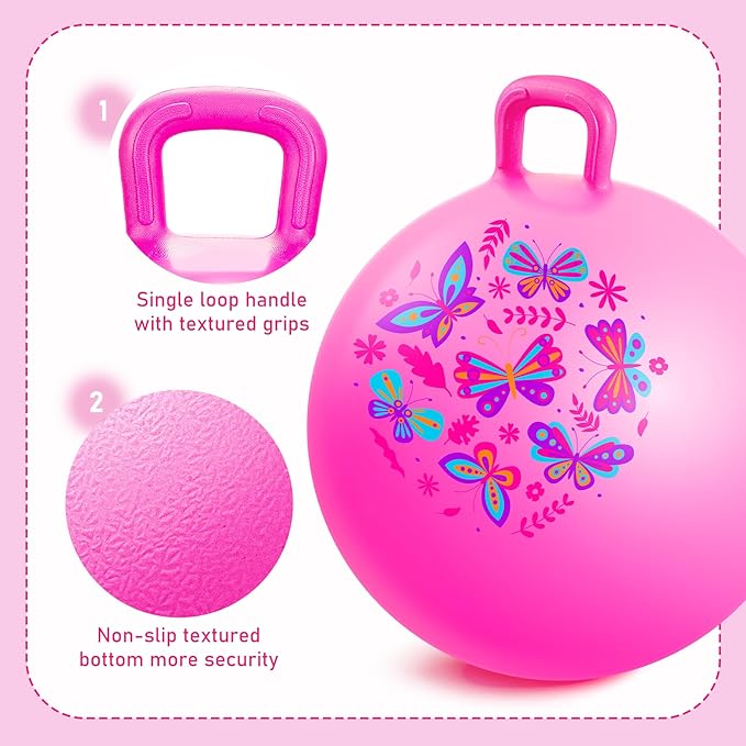 EVERICH TOY Hopper Ball, Pink Butterfly Hopping Toys for Kids, 18 Inch Bouncy Ball with Handle, Indoor Outdoor Inflatable Hoppity Hop Toy for Girls Boys Gift with Free Christmas Accessories