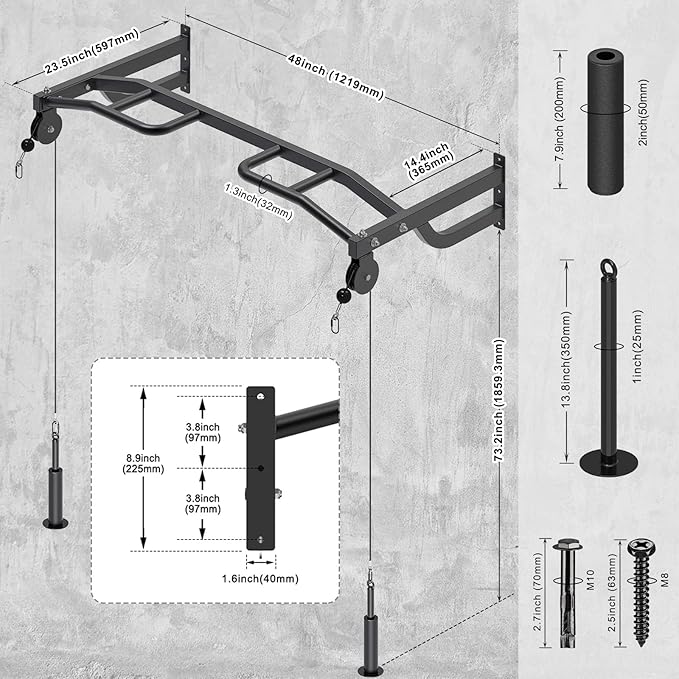 Kipika 48" Ceiling Mounted Pull Up Bar, Heavy Duty Multi-Grip Chin Up Bar,Mounted Pullup Bar, Adjustable Height, Pull Up Bands for Chin Ups & Body Stretching, Ideal for Home Gym and Strength Training