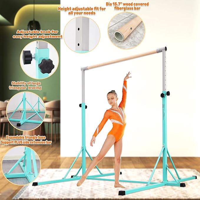 Gymnastics Bar, 5'10” Base length 45" to 71" Adjustable Horizontal Bar for Serious Training, 500 LBS Capacity, Professional Home Gym Equipment with Competition-Grade Beech-covered Fiberglass Bar