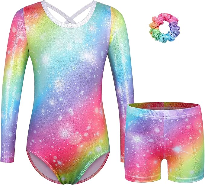 BAOHULU Gymnastics Leotards for Girls Long Sleeve Sparkly Cute Pattern Dance Outfit with Matching Shorts Set