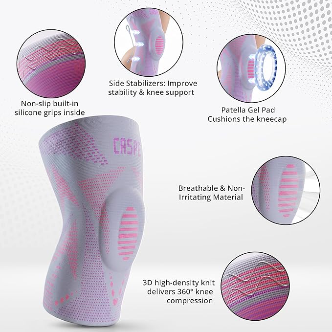 Caspe 1 Pack Compression Knee Brace for Women & Men – Pain Relief Support with Patella Gel Pads & Side Stabilizers – Knee Sleeve for Running, Workout & Arthritis (Pink, XX-Large)