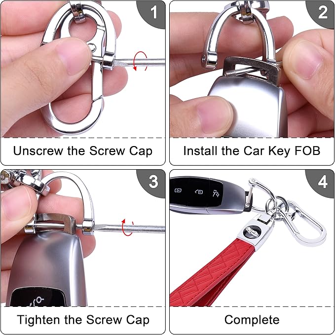 Wisdompro Microfiber Leather Car Keychain, Universal Key Fob Keychain Leather Key Chain Holder with 3 Keyrings and 1 Screwdriver for Men and Women - Red