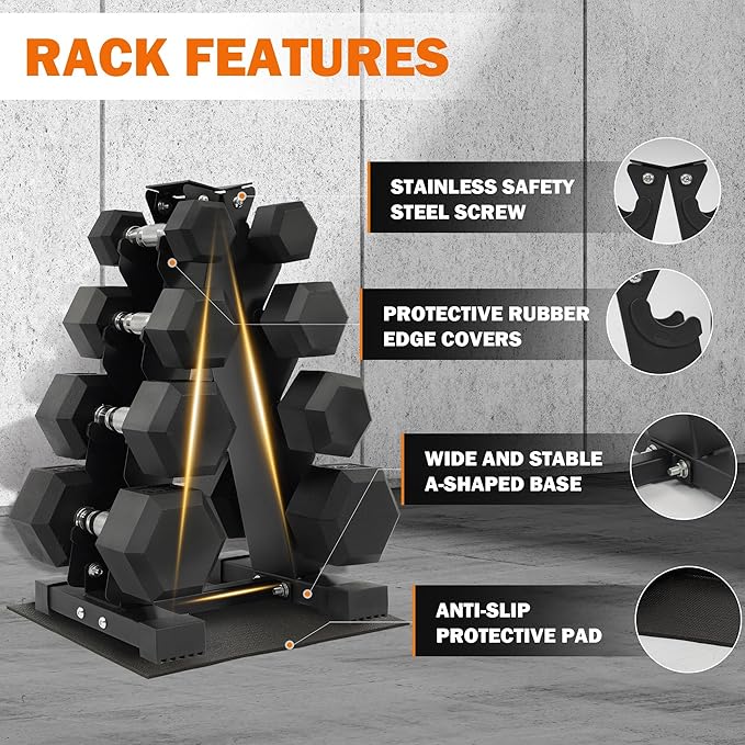 Fitvids 150 LB Rubber Coated Hex Dumbbell Set with Storage Rack, 5-25LB Hand Weight Set with Anti-Slip Grip for Home Gym
