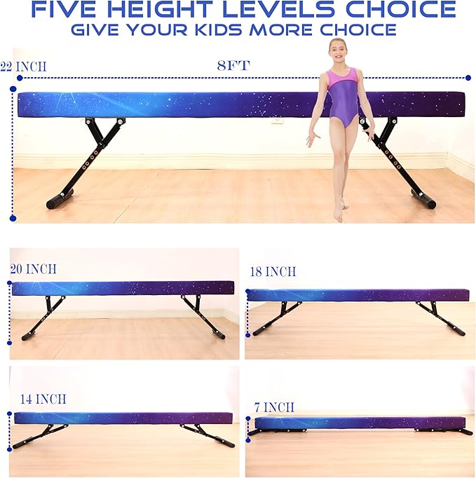 8 Ft Gymnastic Balance Beam with Adjustable Height From7 inch to 22 inch for Kids Children Home Practice, Adjustable Balance Beam with Leg, High and Low Floor Gymnatic Training Beam