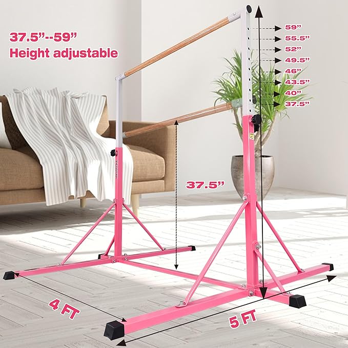 Gymnastics Bar for Kids Ages 3-15, 35" to 60" Adjustable Height, 4FT Wide Base - Professional Kip Bar with 360° Stability & Fiberglass Crossbar, Easy Fold&Solid Design for Home Training