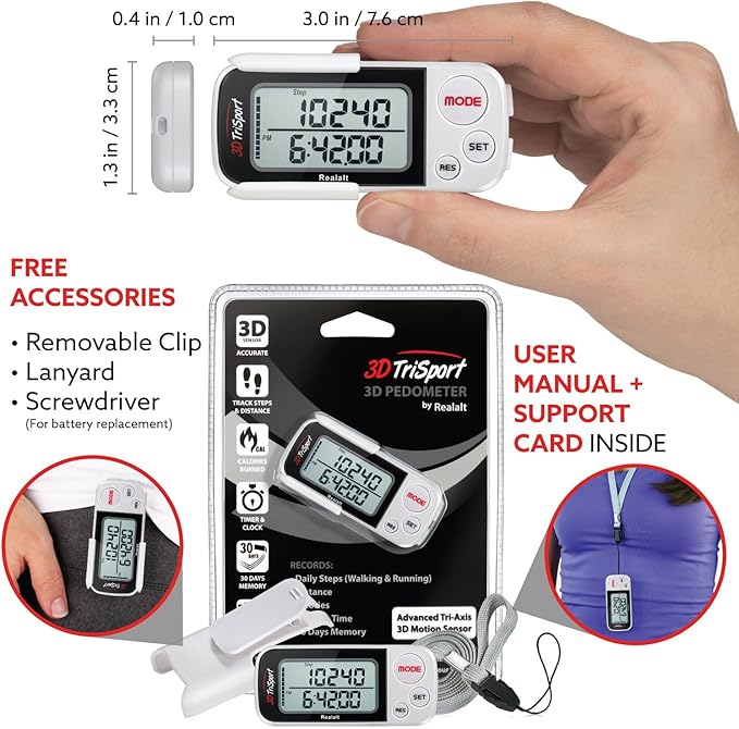 Realalt 3DTriSport Walking 3D Pedometer with Clip & Strap, eBook Included 30 Days Memory Accurate Step Counter, Walking Distance Miles/Km, Calorie Counter, Daily Exercise Time Monitor