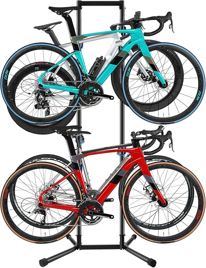 Stand Bike Storage Rack Garage Max 240lbs, Freestanding Gravity Indoor Bike Rack Holds 4 Bikes with Adjustable Arms, Vertical Bike Stand Space Saving for MTB, Road Bike