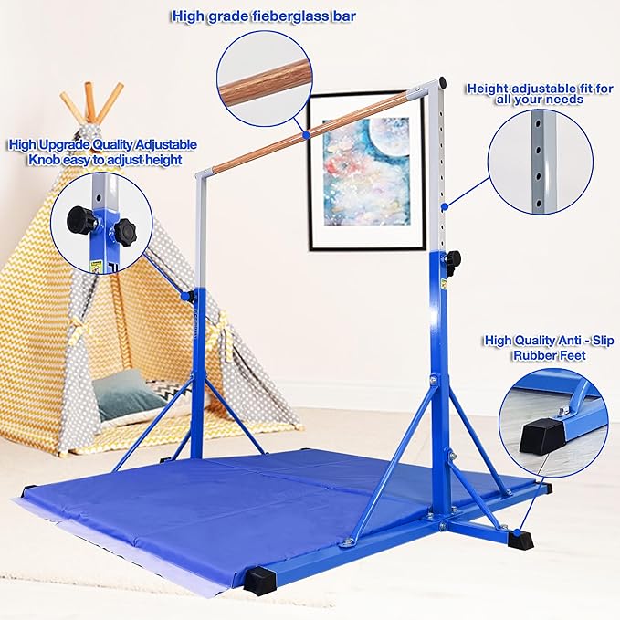 Gymnastics Bar for Kids Ages 3-15, 35" to 60" Adjustable Height, 4FT Wide Base - Professional Kip Bar with 360° Stability & Fiberglass Crossbar, Easy Fold&Solid Design for Home Training