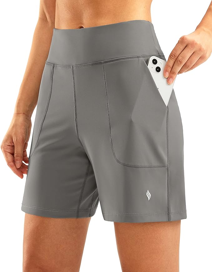 SANTINY Women's 6'' Athletic Long Shorts with 4 Pockets High Waisted Bermuda Shorts for Women Walking Running Casual