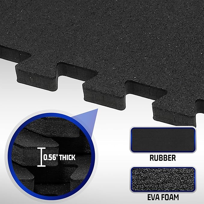 SUPERJARE 0.56'' Thick 36 Pcs 144 Sq Ft Rubber Top Exercise Equipment Mats, High Density EVA Foam Mats with Rubber Top, Interlocking Gym Flooring for Home Gym, Protective Workout Mat, Black