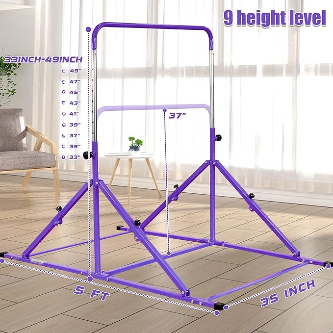 MARFULA Foldable Gymnastic Bar for Kids Ages 3-12, 9 Height Levels, 200 lbs Weight Capacity, 5 Ft Length Gymnastic Kip Bar with Mat, Gymnastic Equipment for Home and Gym Center Indoor Outdoor Use