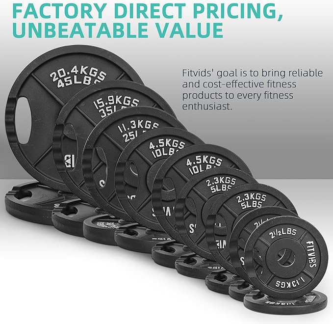 Fitvids Barbell Weight Set, Cast Iron 1" Standard Weight Plates Including 5FT Standard Barbell Bar & Star Locks, 95 Pounds Set (85 Lbs Plates + 10 Lbs Barbell Bar), Multiple Packages