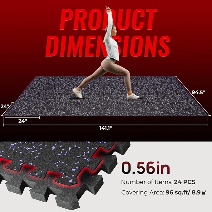SUPERJARE 0.56'' Thick 24 Pcs 96 Sq Ft Rubber Top Exercise Equipment Mats, High Density EVA Foam Mats with Rubber Top, Interlocking Gym Flooring for Home Gym, Protective Workout Mat, Black/Purple