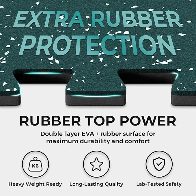 bemaxx Gym Mats Set - 18 pcs Rubber Top + EVA Interlocking Foam Floor Tiles (12.6"x12.6"x0.4") 18sqft Protective Gym Flooring Sports Home Workout Exercise Mat Puzzle Fitness Garage Play Pool Treadmill