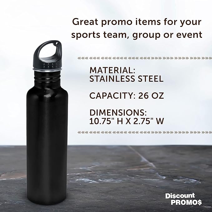 DISCOUNT PROMOS Stainless Steel Water Bottles 26 oz. Set of 10, Bulk Pack - Reusable, Leak Proof, Perfect for Gym, Hiking, Camping, Outdoor Sports - Black