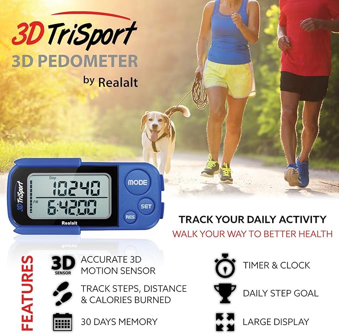 Realalt 3DTriSport Walking 3D Pedometer with Clip & Strap, eBook Included 30 Days Memory Accurate Step Counter, Walking Distance Miles/Km, Calorie Counter, Daily Exercise Time Monitor