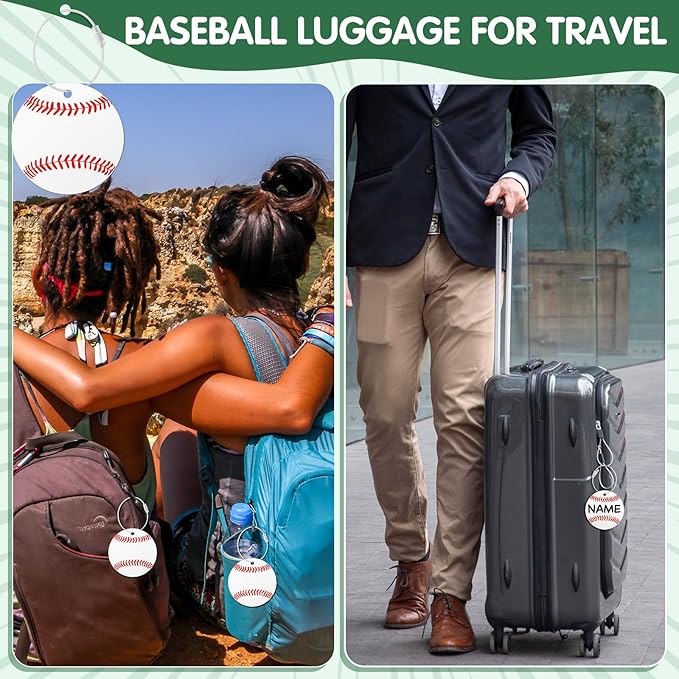 12 Pcs Baseball Luggage Tags for Suitcases Travel Suitcase Labels with Metal Ring 2.75in Baseball Keychain, PVC Name Id and DIY Pocket Hug Card Backpack Charms for Men Women Travel Bag Suitcase