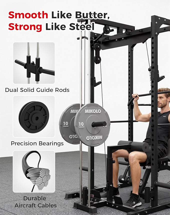 Mikolo Power Cage, Power Rack with LAT Pulldown, 1200 Pounds Capacity Workout Cage with More Training Attachments, Squat Rack for Home Gym, F4 Versions
