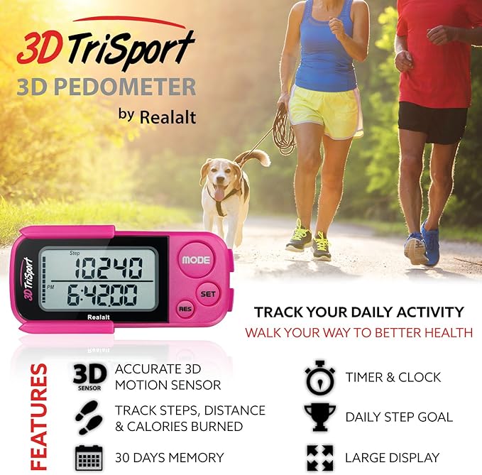 Realalt 3DTriSport Walking 3D Pedometer with Clip & Strap, eBook Included 30 Days Memory Accurate Step Counter, Walking Distance Miles/Km, Calorie Counter, Daily Exercise Time Monitor