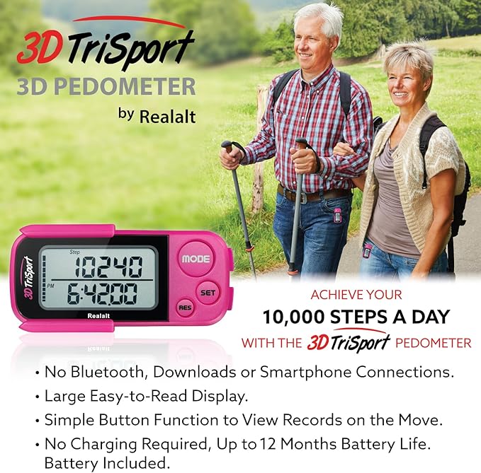 Realalt 3DTriSport Walking 3D Pedometer with Clip & Strap, eBook Included 30 Days Memory Accurate Step Counter, Walking Distance Miles/Km, Calorie Counter, Daily Exercise Time Monitor