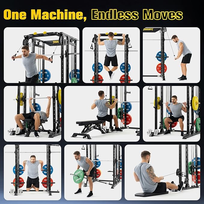 ToughFit F4 Smith Machine, Power cage with Adjustable Cable Crossover System, All-in-One Squat Rack Training Equipment for Home Gym