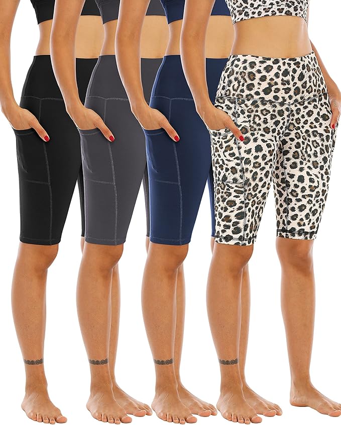WHOUARE 4 Pack Biker Yoga Shorts with Pockets for Women,High Waisted Athletic Running Workout Gym Shorts Tummy Control