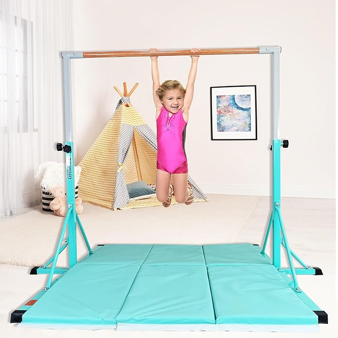 Gymnastics Bar for Kids Ages 3-15, 35" to 60" Adjustable Height, 4FT Wide Base - Professional Kip Bar with 360° Stability & Fiberglass Crossbar, Easy Fold&Solid Design for Home Training