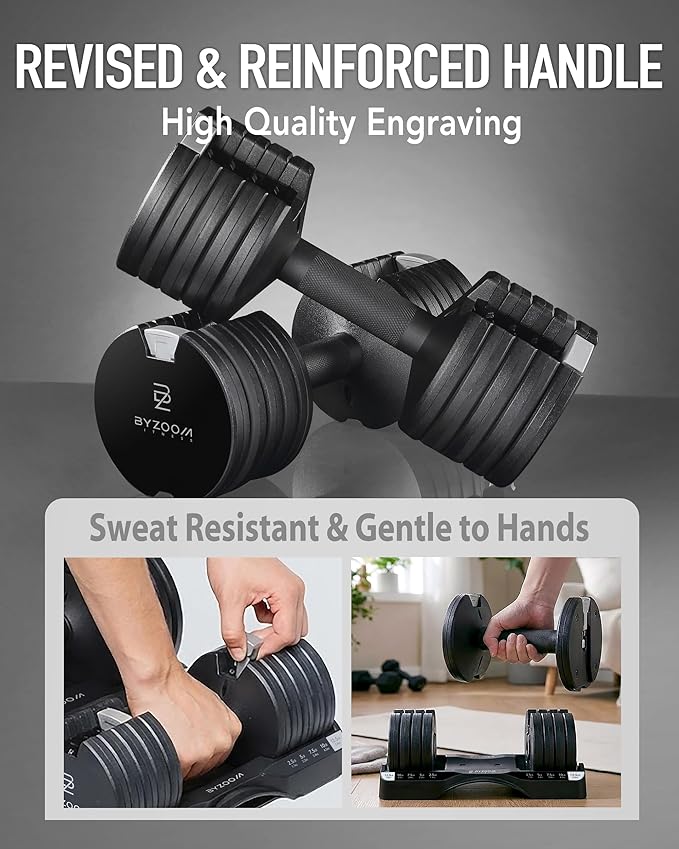 BYZOOM FITNESS Adjustable Dumbbell – 12.5/25lb Single Unit OR Set of 2 – 5-in-1 Adjustable Weight for Home Gym, Strength Training & Fitness Workouts, White OR Black