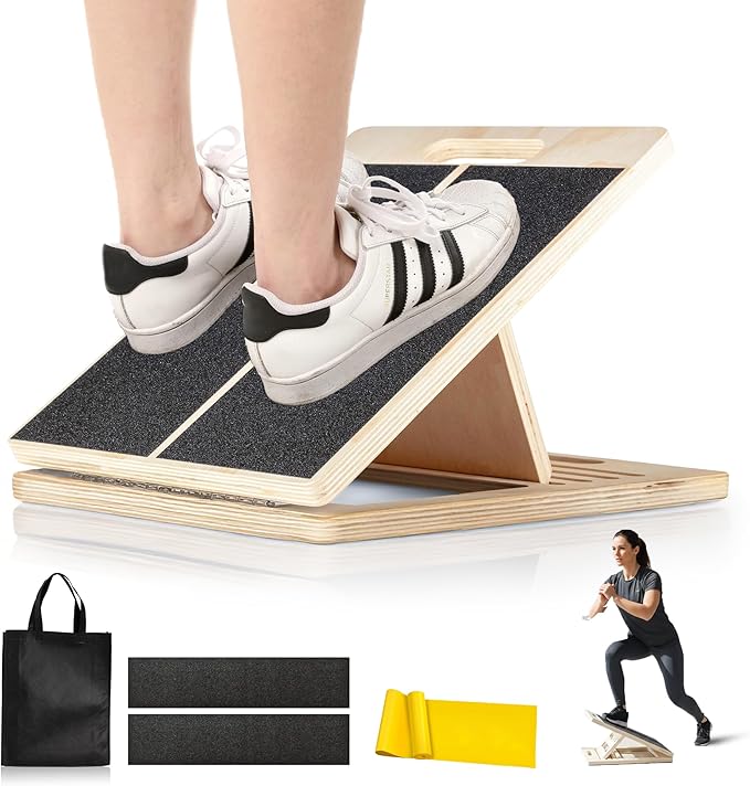 Adjustable Wooden Slant Board for Calf Stretching & Hamstring Flexibility – Professional Incline Calf Stretcher for Home Gym, Squats, Mobility & Rehab with Carry Bag, Loop Band & 2 Sand Papers