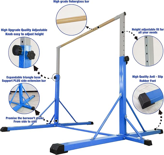 Gymnastics Bar for Kids Ages 3-15, 35" to 60" Adjustable Height, 4FT Wide Base - Professional Kip Bar with 360° Stability & Fiberglass Crossbar, Easy Fold&Solid Design for Home Training
