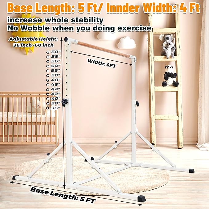 MARFULA 4FT/5FT Gymnastic Bar Set Gymnastics Kip Bar with 5 Ft Length 4Ft Inner Width 5ft Adjust Height Gymnastics Training Bar Equipment for Kids Professional Training Home and Club Use