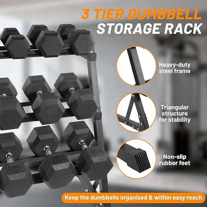 Fitvids 150 LB Rubber Coated Hex Dumbbell Set with Storage Rack, 5-25LB Hand Weight Set with Anti-Slip Grip for Home Gym