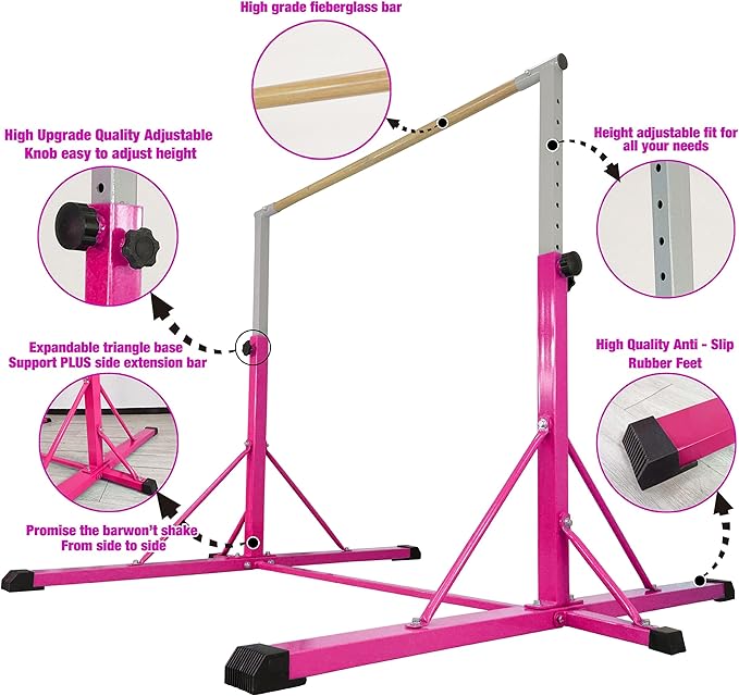 Gymnastics Bar for Kids Ages 3-15, 35" to 60" Adjustable Height, 4FT Wide Base - Professional Kip Bar with 360° Stability & Fiberglass Crossbar, Easy Fold&Solid Design for Home Training