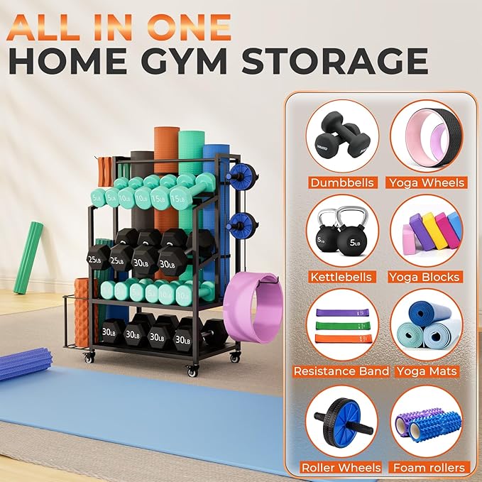 600LBS Dumbbell Rack Weight Stand - Adjustable Weight Rack with Angle Iron for Dumbbells, Home Gym Storage Rack for Yoga Mat Foam Roller Kettlebells, Workout Equipment Storage Organizer With Wheels