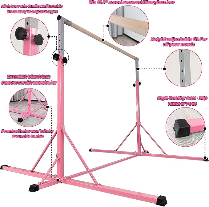 Gymnastics Bar, 5'10” Base length 45" to 71" Adjustable Horizontal Bar for Serious Training, 500 LBS Capacity, Professional Home Gym Equipment with Competition-Grade Beech-covered Fiberglass Bar