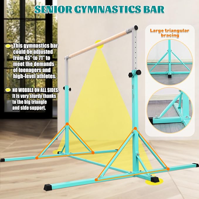 Gymnastics Bar, 5'10” Base length 45" to 71" Adjustable Horizontal Bar for Serious Training, 500 LBS Capacity, Professional Home Gym Equipment with Competition-Grade Beech-covered Fiberglass Bar
