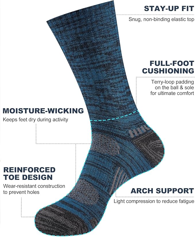 Mens Cotton Boot Crew Socks, 5 Pairs Full Cushion Socks Moisture-Wicking & Reinforced for Work Hiking Walking Outdoor