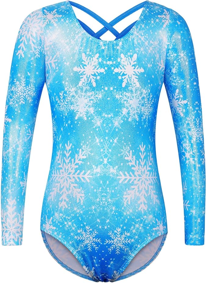 BAOHULU Gymnastics Leotards for Girls Long Sleeve Sparkly Cute Pattern Dance Outfit with Matching Shorts Set